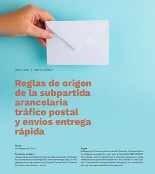 Reglas de origen de la subpartida arancelaria tráfico postal y envíos entrega rápida.