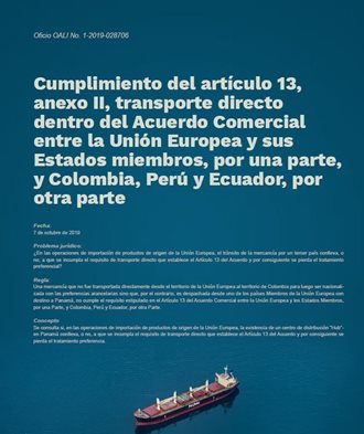 Cumplimiento del Artículo 13, Anexo II, transporte directo dentro del Acuerdo Comercial entre la UE y los Esta